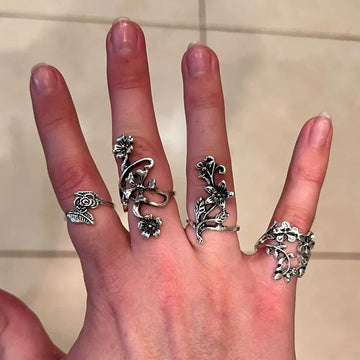 DAIIIBABYYY  -  4PCS/Set Forest Vine Leaf Flower Ring Vintage Punk Antique Carved Midi Finger Ring Women Bohemian Rings for Men Jewelry Gifts